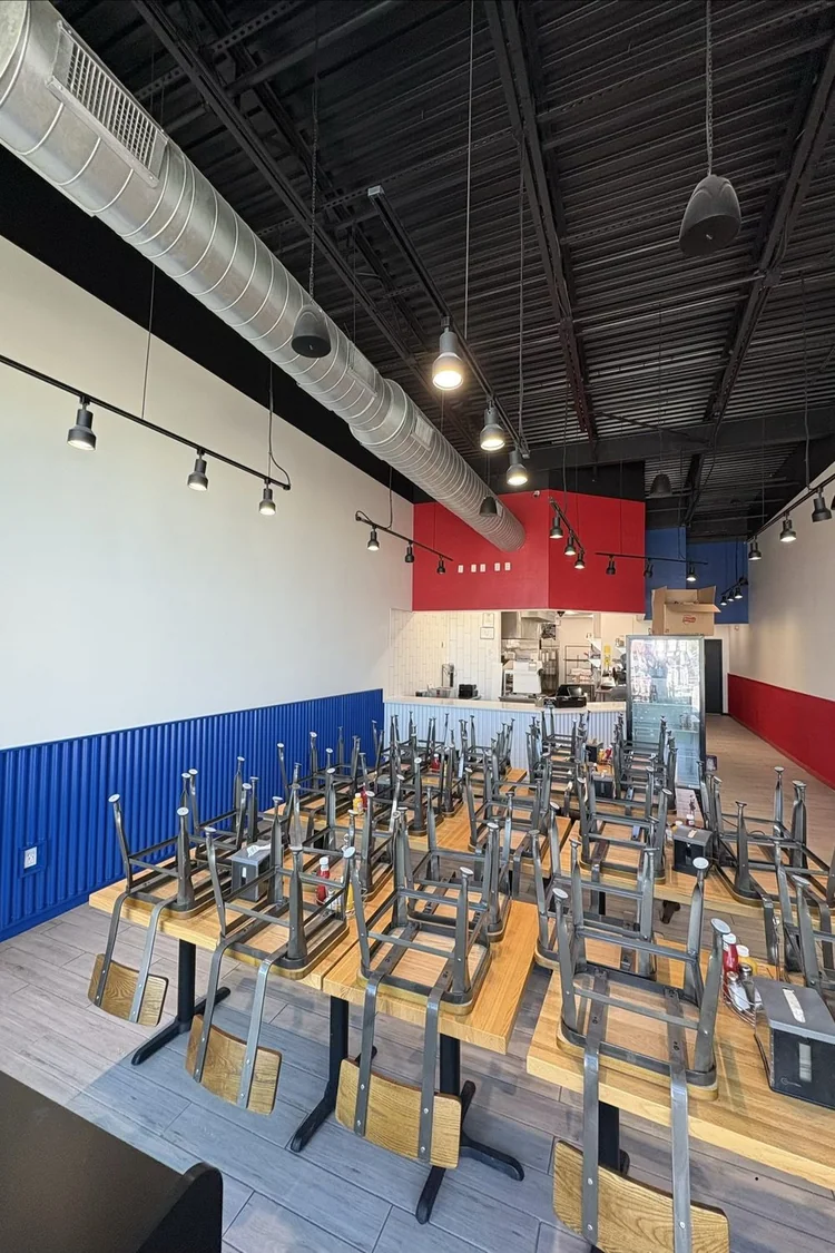 Restaurant dining room painted in bold red, white and blue by PG Painting